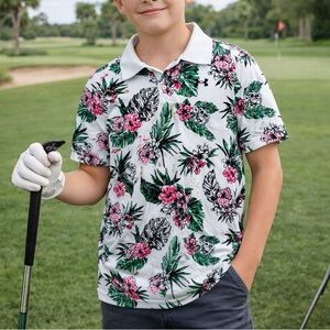 Under Armour Youth Polo Shirt Tropical Floral HeatGear Golf Boys M